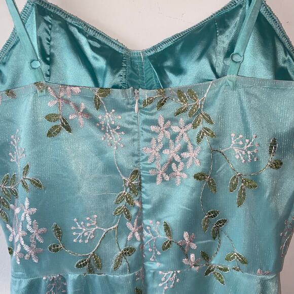 Aqua Floral Embroidered Midi Dress S Fairy Whimsical Coquette Feminine Ethereal - Picture 6 of 8